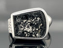 RING AUS 925/- SILBER RHODINIERT MIT TURMALIN/FEINSILBER BEH. &  ZIRKON