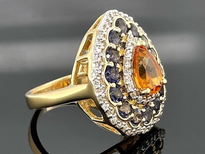 RING AUS 925/- SILBER VERGOLDET MIT CITRIN, TANSANIT & ZIRKON