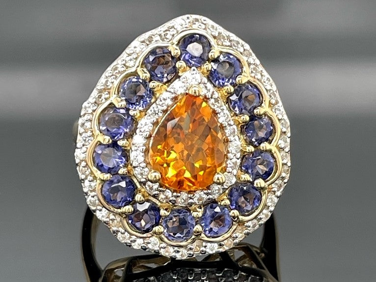 RING AUS 925/- SILBER VERGOLDET MIT CITRIN, TANSANIT & ZIRKON