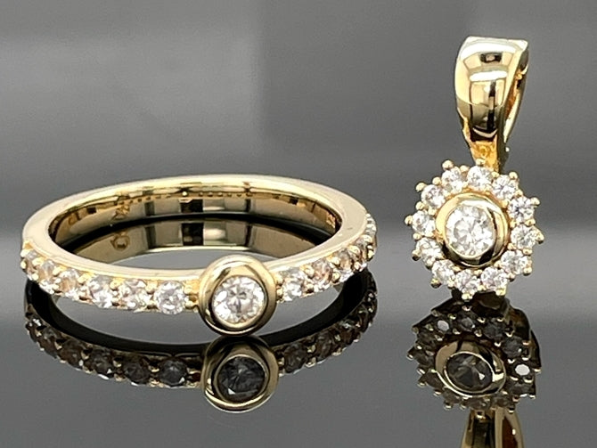 2-TLG. SET RING & ANHÄNGER AUS 925/- SILBER VERGOLDET MIT ZIRKON