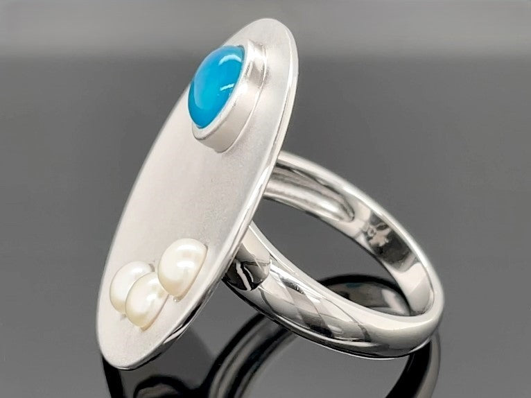 RING AUS 925/- SILBER RHODINIERT MIT KRISTALLOPAL BEH. & SÜßWASSWEZUCHTPERLE