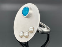 RING AUS 925/- SILBER RHODINIERT MIT KRISTALLOPAL BEH. & SÜßWASSWEZUCHTPERLE