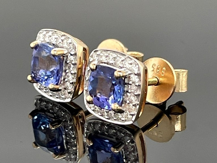 OHRSTECKER AUS 585/- GELBGOLD MIT TANSANIT & BRILLANTEN