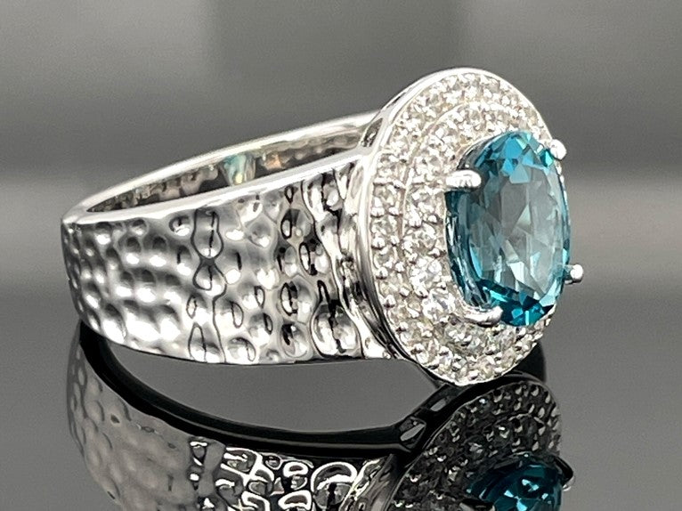 RING AUS 925/- SILBER RHODINIERT MIT LONDON BLUE TOPAS & ZIRKON