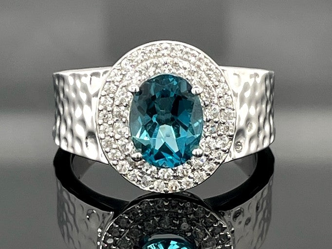 RING AUS 925/- SILBER RHODINIERT MIT LONDON BLUE TOPAS & ZIRKON