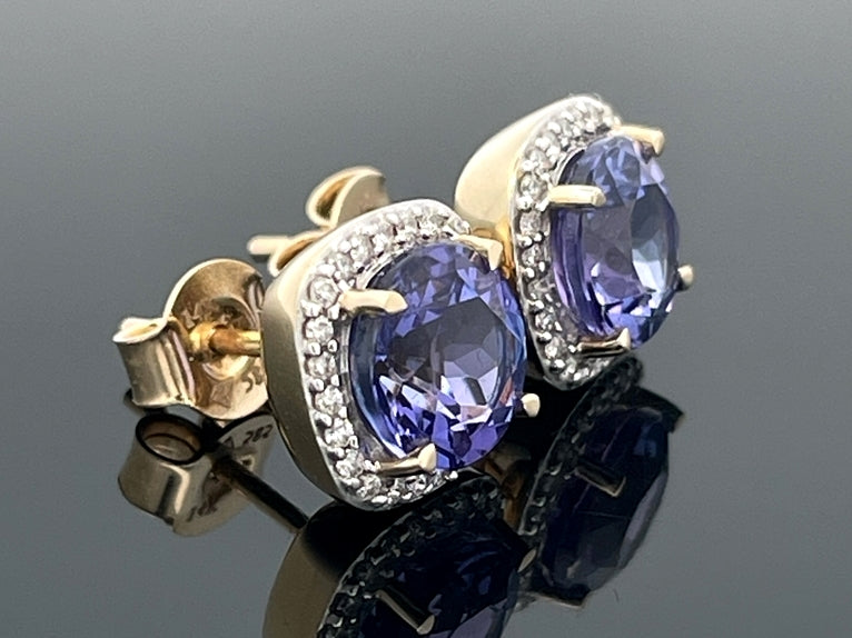 OHRSTECKER AUS 585/- GELBGOLD MIT TANSANIT AAA & BRILLANTEN (GES.CA. 0,15 ct.)