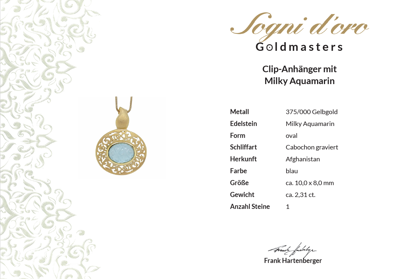 CLIP ANHÄNGER AUS 375/- GELBGOLD MIT MILKY AQUAMARIN (CA. 2,31 ct.)