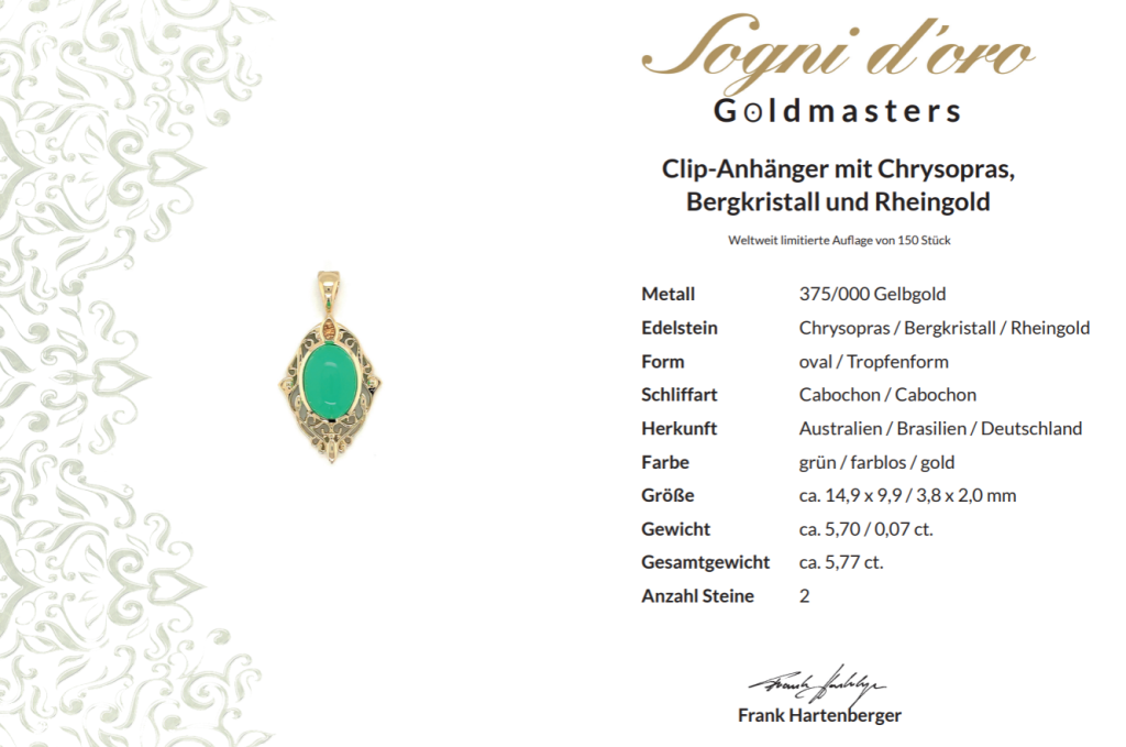 CLIP ANHÄNGER AUS 375/- GELBGOLD MIT CHRYSOPRAS, BERGKRISTALL & RHEINGOLD