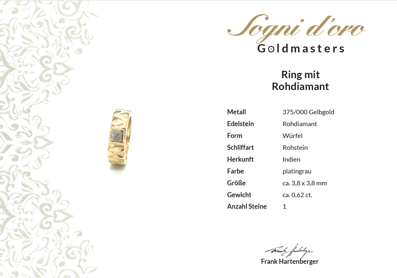 RING GR. 17 CA(54) AUS 375/- GELBGOLD MIT ROHDIAMANT PLATINGRAU (CA.0,62 ct.)