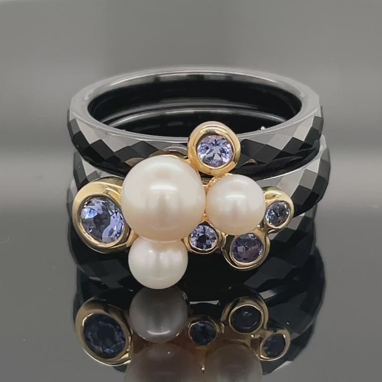 RING SET GR. 17 (CA.53) AUS 375/- GELBGOLD & KERAMIK MIT TANSANIT & SWZP