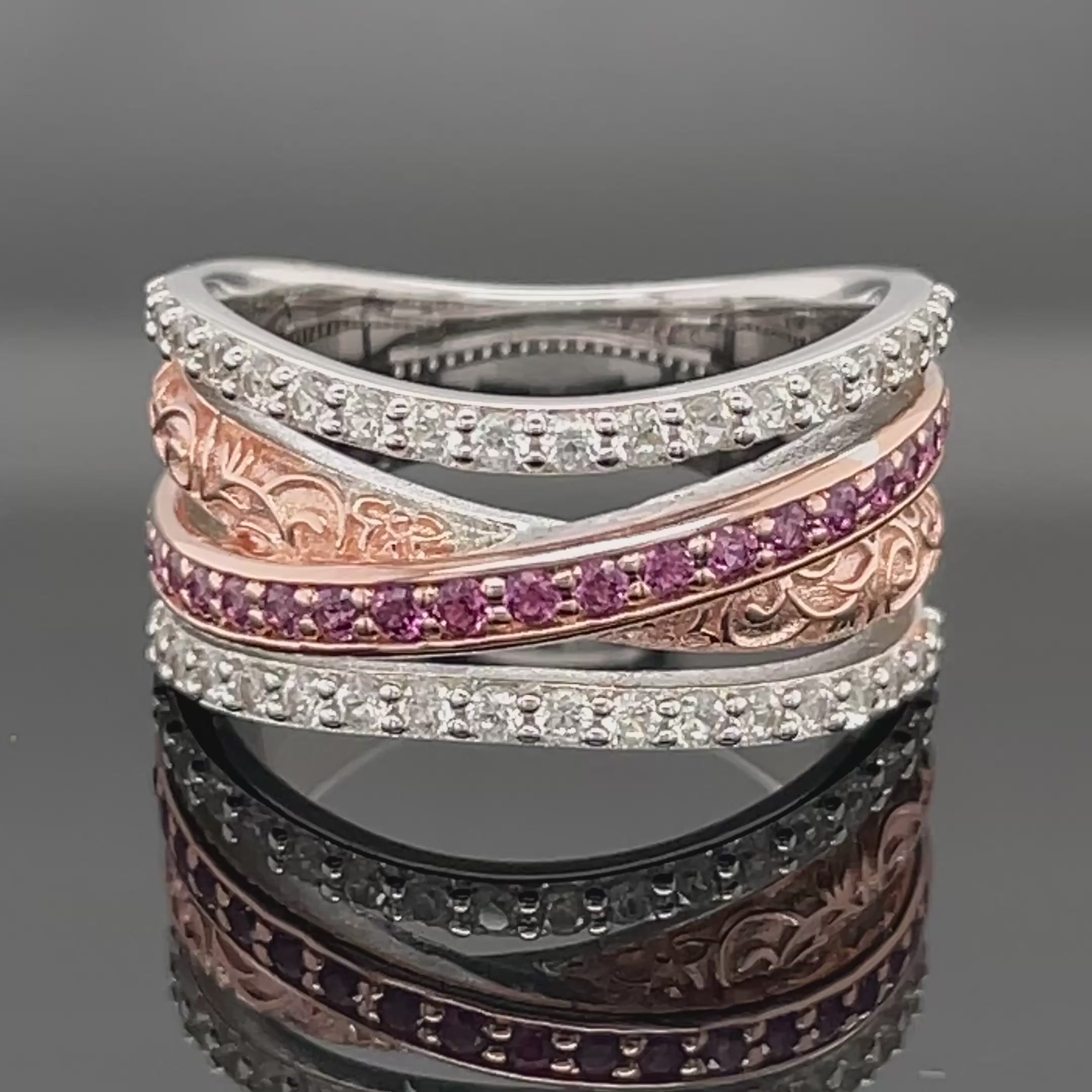 RING AUS 925/- SILBER RHOD./ROSÉVERG. MIT RHODOLITH & ZIRKON (GES. CA. 1,10 ct.)