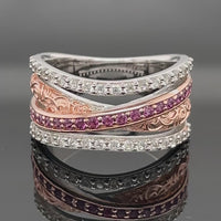 RING AUS 925/- SILBER RHOD./ROSÉVERG. MIT RHODOLITH & ZIRKON (GES. CA. 1,10 ct.)