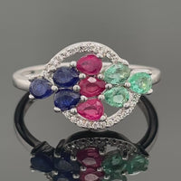 RING AUS 925/- SILBER RHODINIERT MIT SAPHIR, RUBIN, SMARAGD & ZIRKON