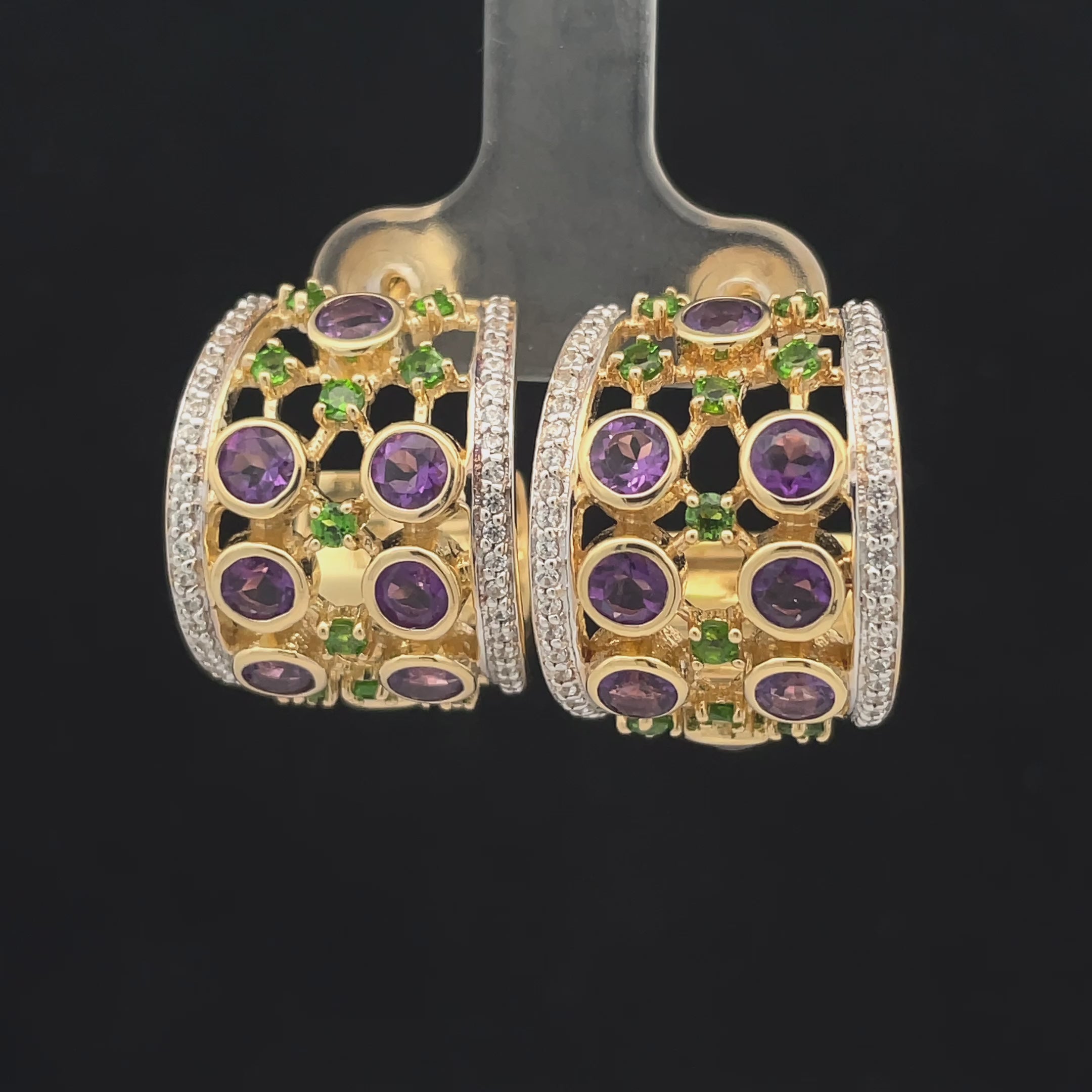 HALBCREOLEN AUS 925/- SILBER VERGOLDET MIT AMETHYST, CHROMDIOPSID, ZIRKON