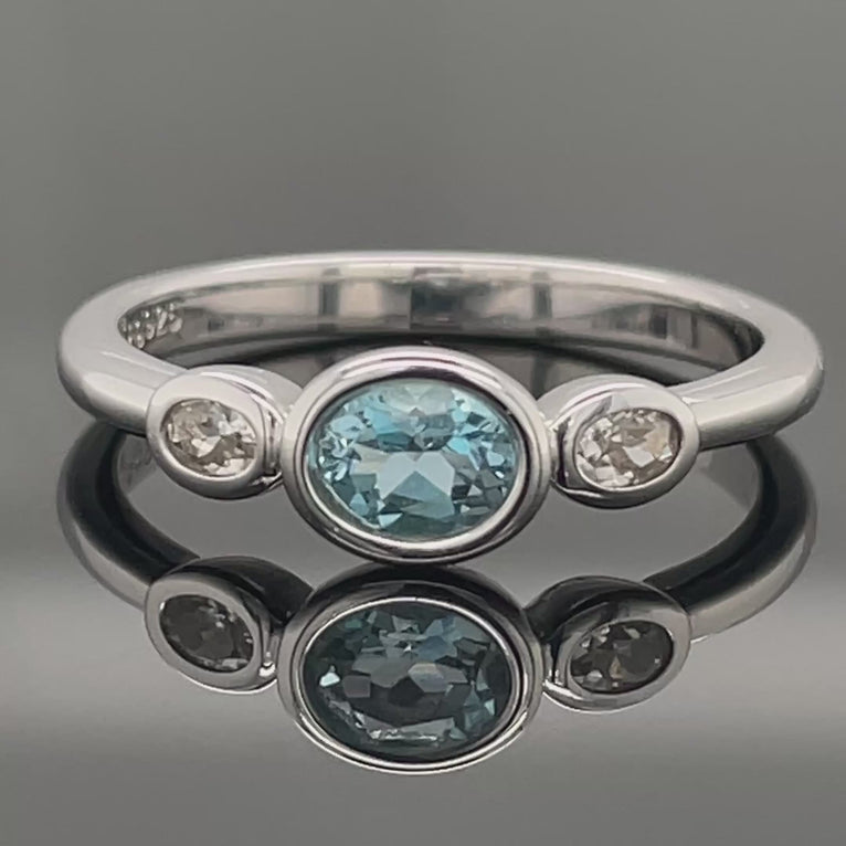 RING AUS 925/- SILBER RHOD. MIT MIT "SANTA MARIA" AQUAMARIN & ZIRKON (ges.ca. 0,49 ct.)