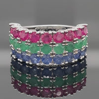 RING AUS 925/- SILBER RHODINIERT MIT SAPHIR, SMARAGD, RUBIN