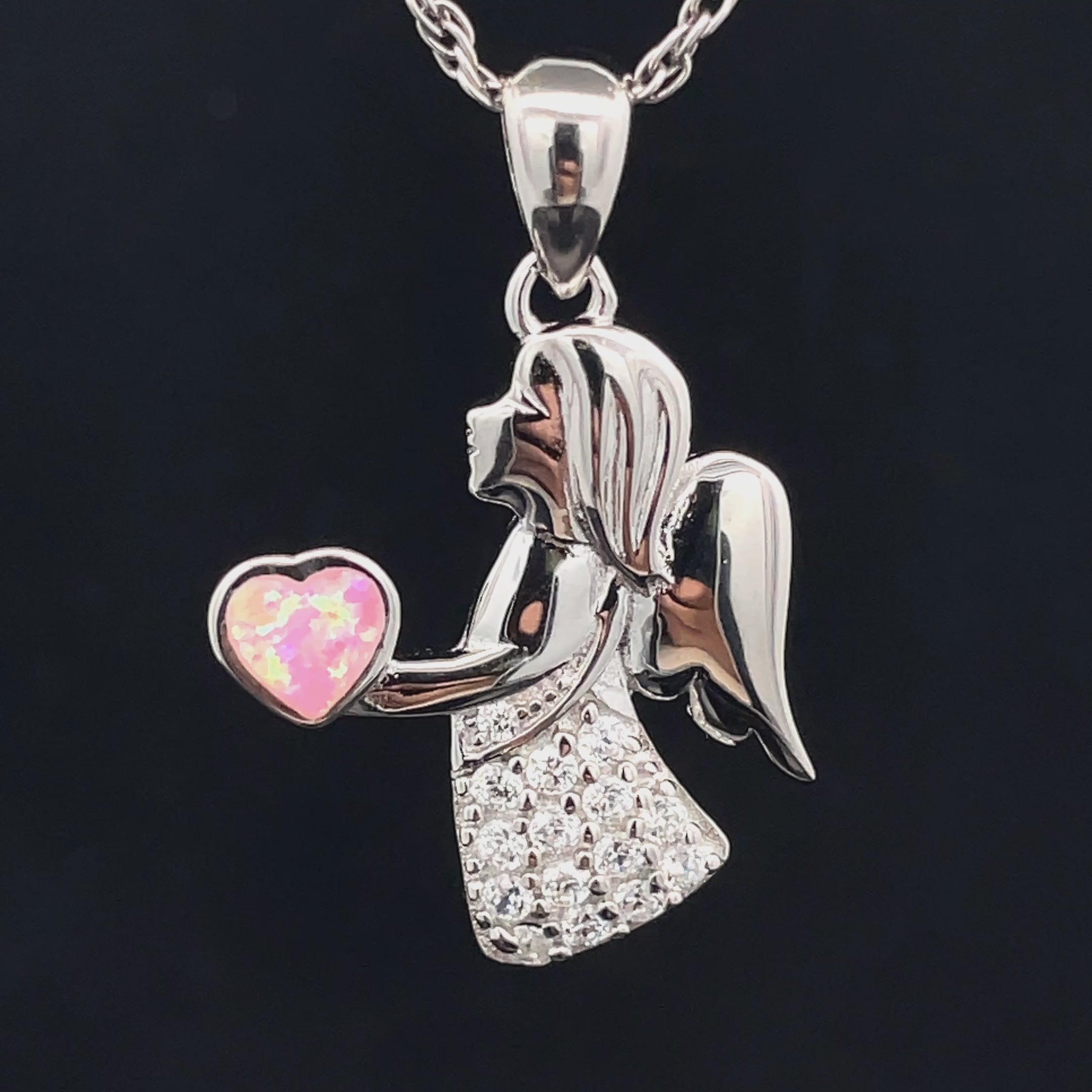"ENGEL" ANHÄNGER AUS 925/- SILBER RHODINIERT MIT ZIRKONIA & SYNT.OPAL
