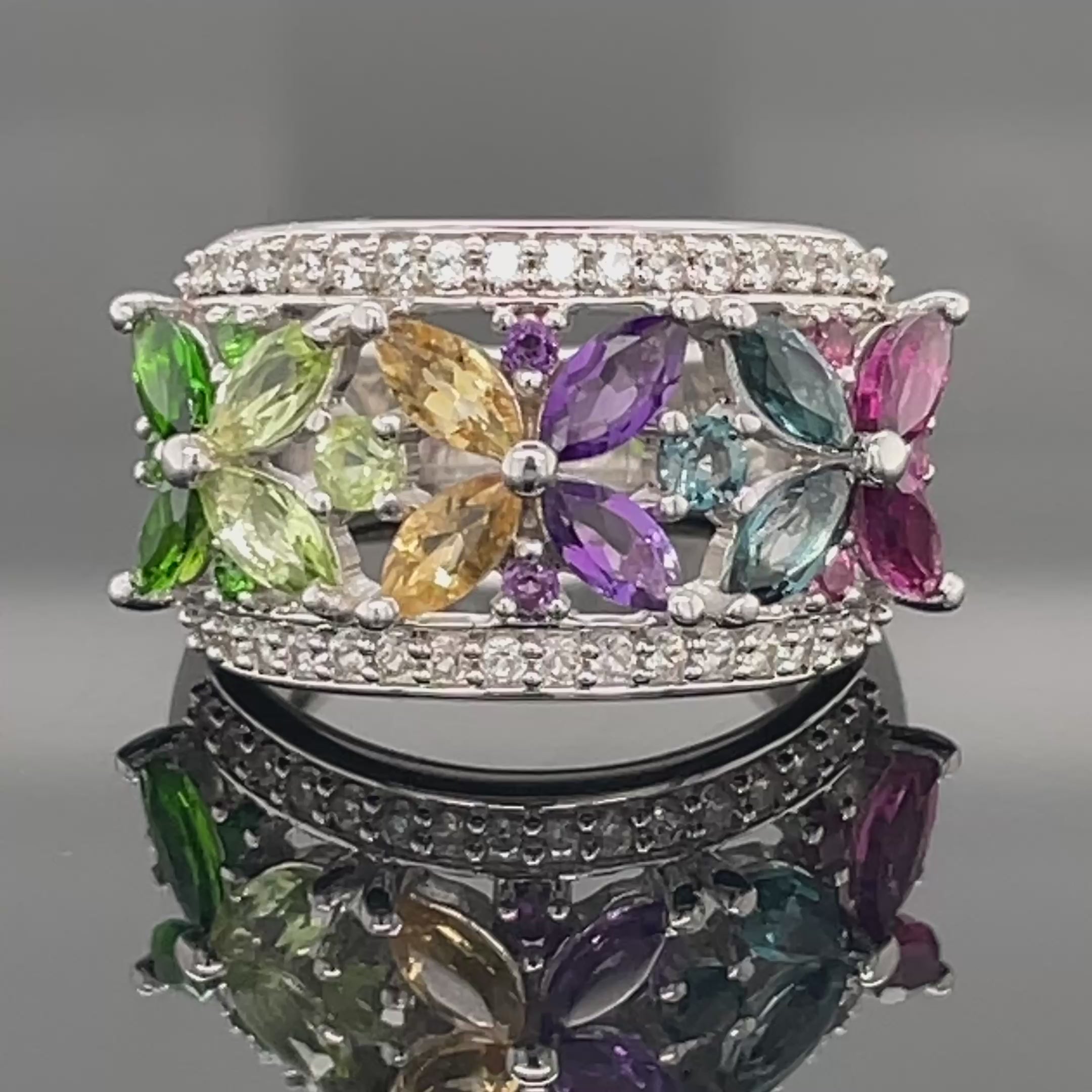 RING AUS 925/- SILBER RHODINIERT MIT MULTI EDELSTEINE