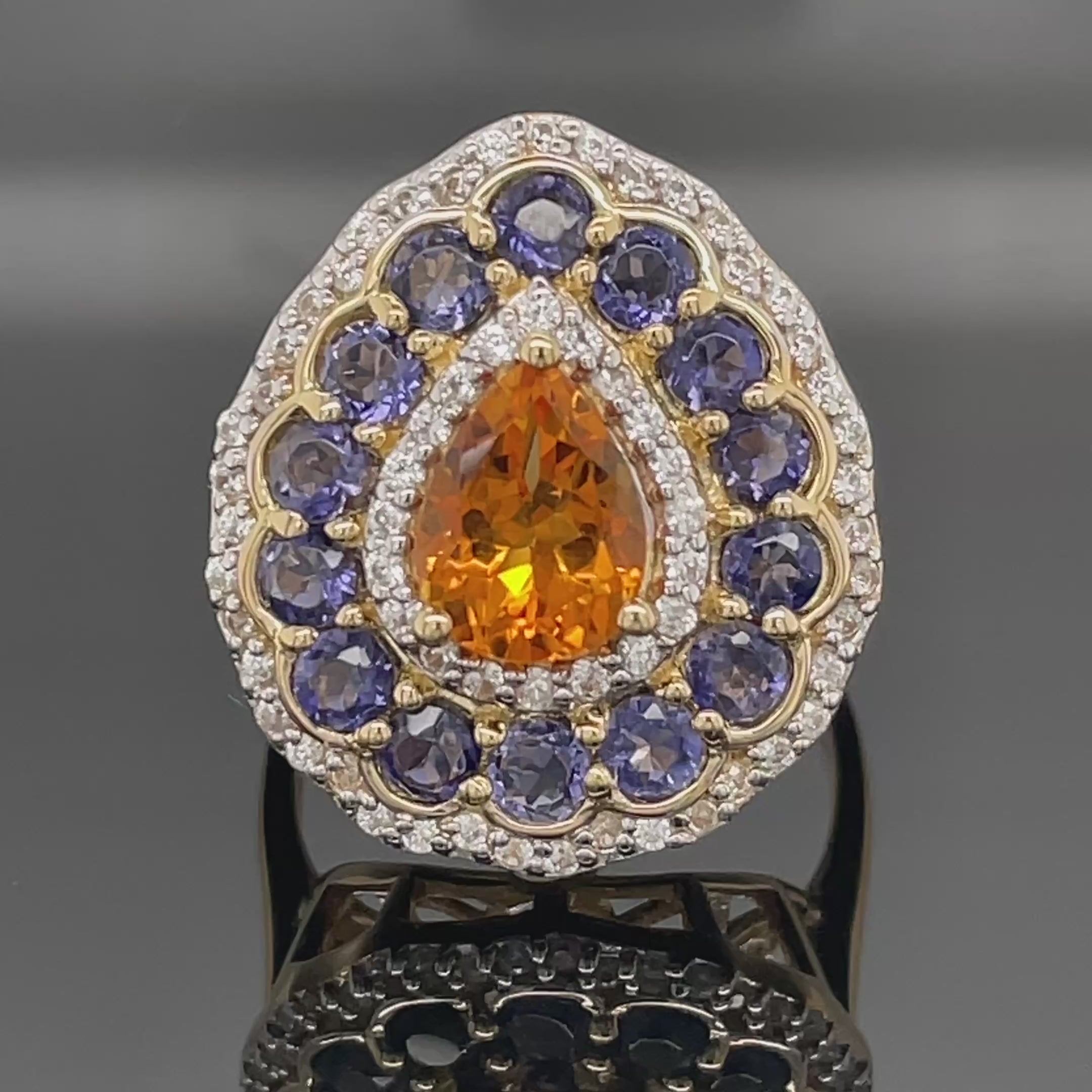 RING AUS 925/- SILBER VERGOLDET MIT CITRIN, TANSANIT & ZIRKON
