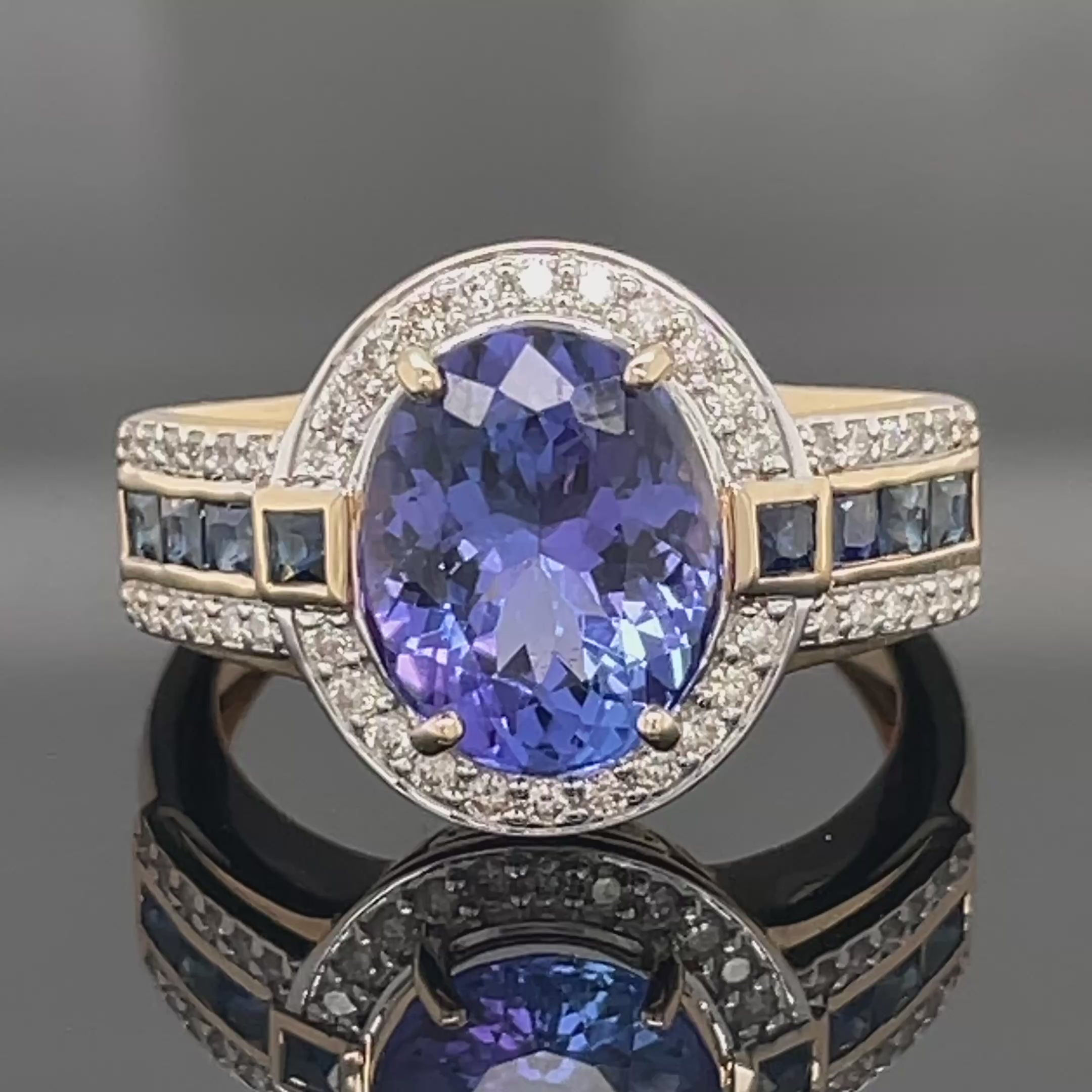 RING  AUS 585/- GELBGOLD MIT TANSANIT AAAA+, SAPHIR & BRILLANTEN