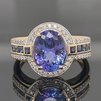 RING  AUS 585/- GELBGOLD MIT TANSANIT AAAA+, SAPHIR & BRILLANTEN